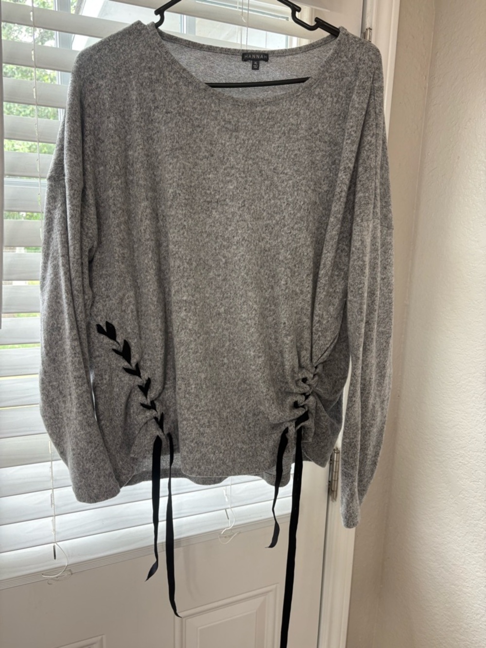 Hannah Gray Lace-Up Side Detail Crewneck Sweater
